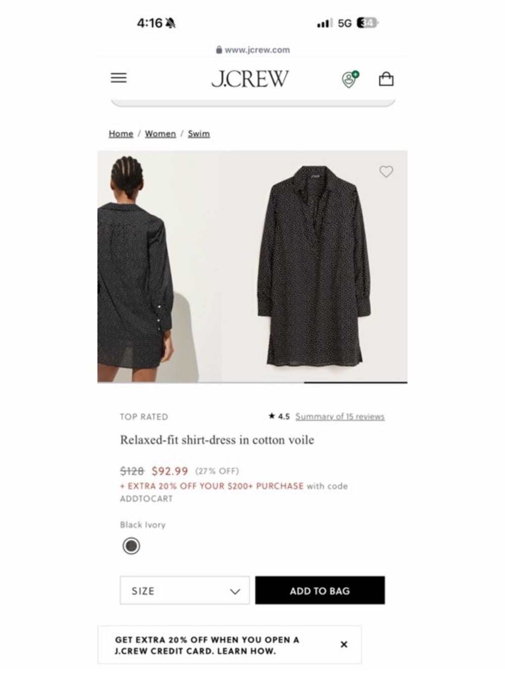 J. Crew Black Shirt Dress with Ivory Dot Print